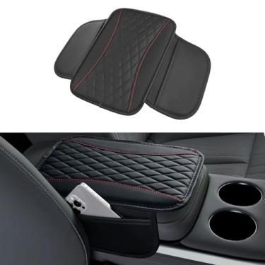 Imagem de Tioollev Capa de console central de carro de couro patchwork, almofada protetora de braço de couro de microfibra com 2 sacos de armazenamento, almofada universal de apoio de braço de carros para SUV