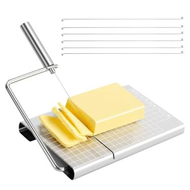 Imagem de YSHONE Cortador de queijo de arame substituível com tábua e grades de medição, cortador de queijo de metal de aço inoxidável com 6 fios fortes de atualização extra