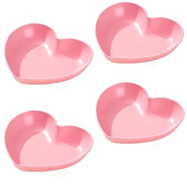 Imagem de 4 peças bandeja em forma de caixa em forma de coração, travessas de servir comida para festas, bandeja de plástico rosa, canudo de trigo inquebrável, pequenos pratos de sobremesa para lanches, doces