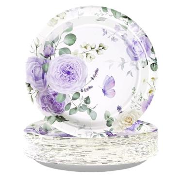 Imagem de Grencian 50 peças de decorações florais de 23 cm, pratos de borboleta, flores roxas, descartáveis, pratos florais de primavera, para aniversário, noiva, chá de bebê, casamento, suprimentos de