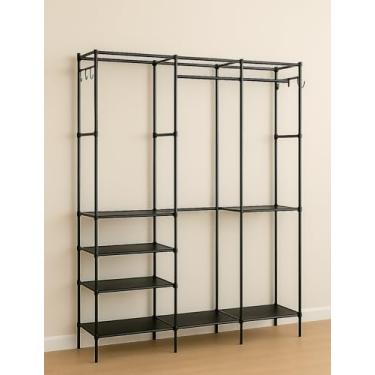 Imagem de Arara de Roupas Tripla Cabideiro Metálico Ajustável – Closet p/Quarto, Sapateira + Prateleira, Guarda-Roupa Casal Grande Cor Preta, Montagem Fácil