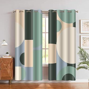 Imagem de Cortinas blackout abstratas verde sálvia bege moderno círculos geométricos cortina meados do século verde azul minimalista estética vintage ilhós cortinas de janela para quarto cozinha sala de estar