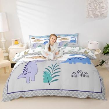 Imagem de Jogo de cama solteiro com estampa de dinossauro de desenho fofo adorável mundo animal com 1 fronha (sem enchimento), conjunto de capa de edredom cinza e branco listrado, 2 peças