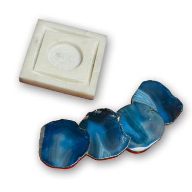 Imagem de Porta-copos feito à mão em pedra ágata – Design de geodo azul e dourado de 10 cm com base de mármore – Organizador de mesa e mesa de luxo para porta-copos ou guardanapos, Natal, Ano Novo, Ação de