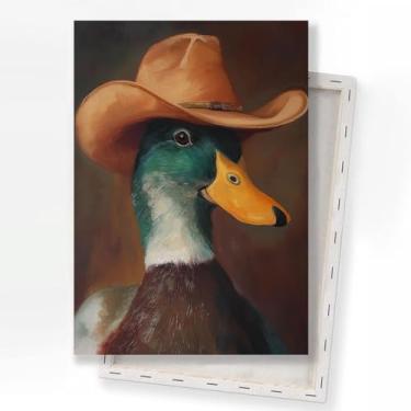 Imagem de Arte de parede de pato vintage estampa animal antigo pato com chapéu de cowboy arte de parede impressão de pato engraçado imagem de casa de fazenda do país ocidental pintura retrato de animal cowboy