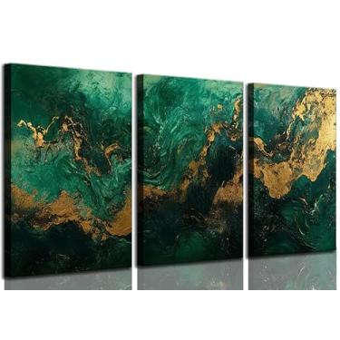 Imagem de 3 peças arte de parede em tela verde esmeralda e dourada moderna abstrata linda fluida pinturas de mármore imagens de sala de estar decoração de parede pôsteres arte impressa para quarto banheiro