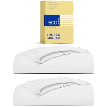 Imagem de THREAD SPREAD Lençol casal 100% algodão egípcio, pacote com 2 a 600 fios com bolso profundo de 40,6 cm, lençol de elástico macio para adultos - branco