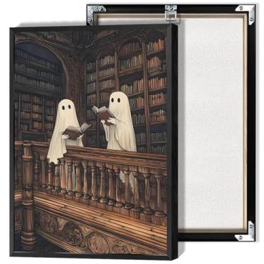 Imagem de Halloween Two Cute Ghosts Library Wall Art Ghost Reading Book Canvas Posters Whimsical Goth Dark Academia Horror Prints Painting For Living Room Room Wall Decor 20 x 30 cm sem moldura