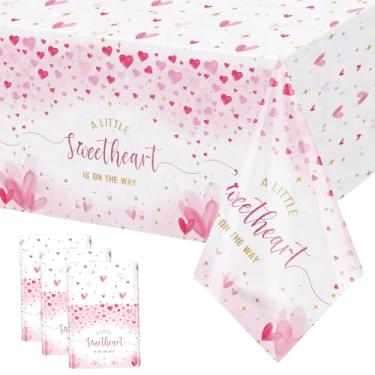 Imagem de MEHOFOND 3 peças de toalha de mesa de plástico rosa choque Dia dos Namorados, chá de bebê, A Little Sweetheart is on the Way, decoração de festa de chá de bebê para meninas, 272 x 137 cm