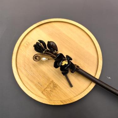 Imagem de 1 grampo de cabelo de camélia vermelha Cayyoomm - Bastão de cabelo floral Hanfu chinês requintado com 3 flores realistas, acessório de cabelo vintage elegante para mulheres (flor de sumaúma preta)