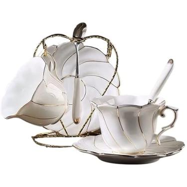 Imagem de Conjunto de Xícaras de Chá Estilo Europeu Conjunto de Chávenas de Chá Real com Pires e Suporte de Metal Conjunto de Chá de Porcelana Branca 227 g Xícaras de Café Britânicas (Tamanho: 6 peças) ()