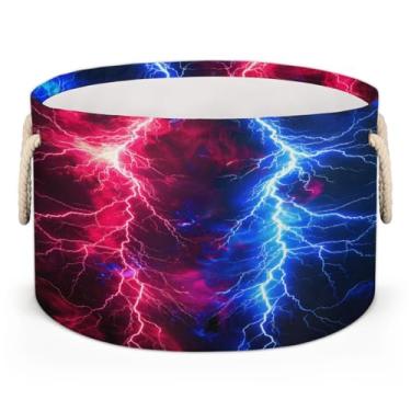 Imagem de Cesta grande redonda de armazenamento com raio, psicodélico, círculo, vermelho, azul, organizador de brinquedos para crianças, dobrável, com alça, cesto de roupa suja para sala de estar, lavanderia