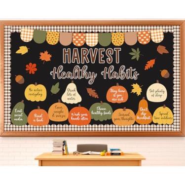 Imagem de Hearvest Healthy Habits Bulletin Board Set Fall Classroom Decoration Recortes Abóboras Folhas Outono Quadro de avisos para escola, casa, escritório, quadro-negro, quadro branco, parede, janela, porta
