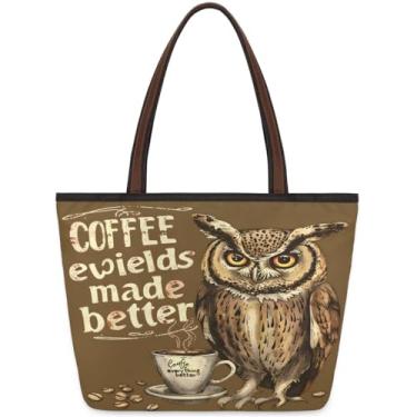 Imagem de Bolsa grande para mulheres animal coruja palavra café trabalho sacos de pano com zíper reutilizável mercearia bolsa casual viagem pernoite tote bolsas adequadas para viagens, trabalho, férias, praia
