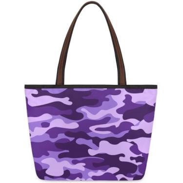Imagem de Bolsa grande feminina camuflada roxa para trabalho do exército com zíper, reutilizável, bolsa de mão, casual, para viagem, trabalho, férias, praia, compras, academia, presentes