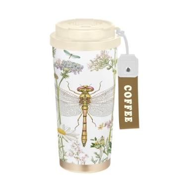 Imagem de SEHANY Caneca de viagem borboleta e flores de 482 ml Copos de café reutilizáveis revestidos de cerâmica com tampa à prova de vazamento, parede dupla, isolamento a vácuo, copo de café de aço inoxidável