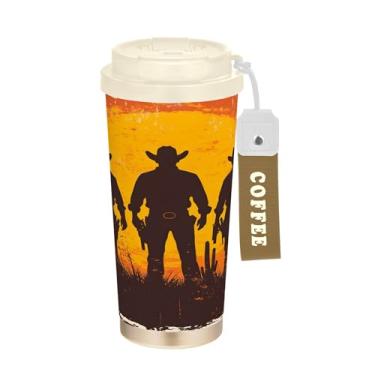 Imagem de SEHANY Caneca de viagem vintage caubói ocidental 482 g xícaras de café reutilizáveis revestidas de cerâmica com tampa à prova de vazamento, parede dupla, isolamento a vácuo, copo de café de aço