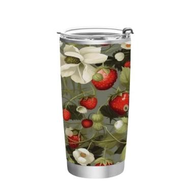 Imagem de Blueangle Copo de 590 ml com tampa e canudo, copo de café com água isolada a vácuo de aço inoxidável, caneca de viagem com padrão de flor de morango, copo térmico para bebidas quentes e frias(92)