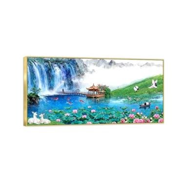 Imagem de Chinoiserie Arte de parede paisagem imagem em tela - montanha cachoeira flores de lótus - pintura chinesa - impressões de moldura dourada para decoração de casa 65 x 130 cm 25 x 51 pol