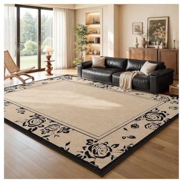 Imagem de SPXMQSS Tapetes florais laváveis, tapete vintage para sala de estar, antiderrapante, pilha baixa, não cai, fácil de limpar para sala de estar, quarto, sala de jantar, escritório em casa - bege preto G