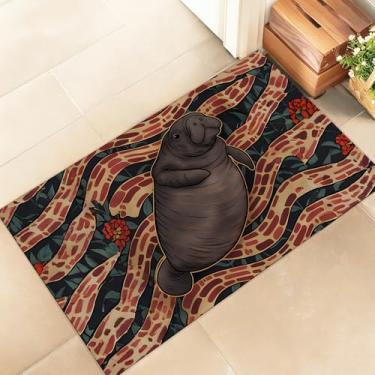 Imagem de amepay Tapete de porta interior de peixe-boi, elegante capacho de 43 x 75 cm de tecido não tecido com listras de bacon e design floral, capacho para amantes de animais, para varanda, quarto, sala de