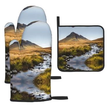Imagem de Mountain Waterfall – Conjunto de cozinha essencial com 3 peças, luvas resistentes ao calor e alça de tampa, proteção para churrasco no forno, design de armazenamento suspenso.