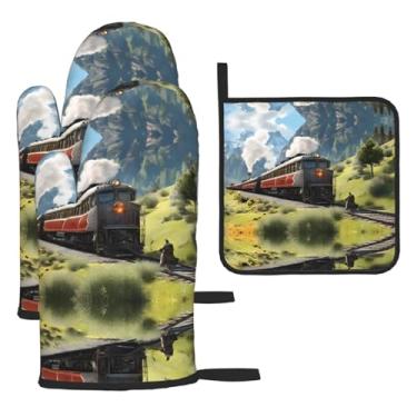 Imagem de Trem de locomotiva a vapor – Conjunto de cozinha essencial com 3 peças, luvas seguras para calor, proteção para churrasco no forno, design de armazenamento suspenso.