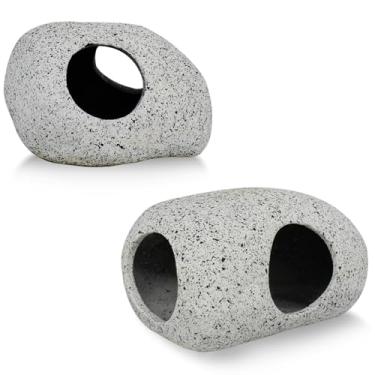 Imagem de GKYZBB 2 peças de decorações de aquário de cerâmica, acessórios para tanque de peixes Betta, cavernas de rocha, caverna empilhável de ciclídeos, esconderijo de peixes Betta e casa