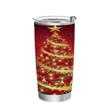 Imagem de Wassud Copo de árvore de Natal dourado de 340 g com tampa e canudo, copo isolado a vácuo de parede dupla de aço inoxidável, caneca de café de viagem para bebidas frias e quentes