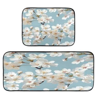 Imagem de Qilmy Tapete de cozinha com árvore de cerejeira branca, 2 peças, tapete de entrada frontal, antiderrapante, alivia a fadiga, lavável, tapete para cozinha, quarto, varanda619