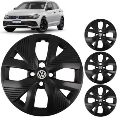 Imagem de Jogo 4 Calotas Aro 15 Vw Polo Novo Track 2015 a 2025 Preto Fosco Com Adesivo Logo Vw Resinado Grid GR148CP