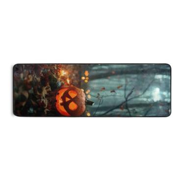 Imagem de Burbuja Tapete de corredor de lanterna de abóbora de Halloween 61 x 183 cm, tapete lavável antiderrapante com suporte de borracha, tapete para sala de estar, corredor, decoração de casa
