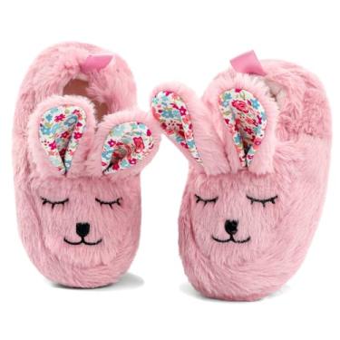 Imagem de KAKU NANU Chinelos infantis fofos de desenhos animados de animais para meninas e meninos chinelos de lã quente para uso doméstico de inverno, Rosa e margarida, 9-10 Toddler