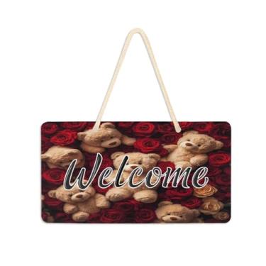 Imagem de Burbuja Placa de boas-vindas de rosas de urso dos namorados para porta da frente, placa de boas-vindas de PVC para decoração de férias, 15 x 28 cm
