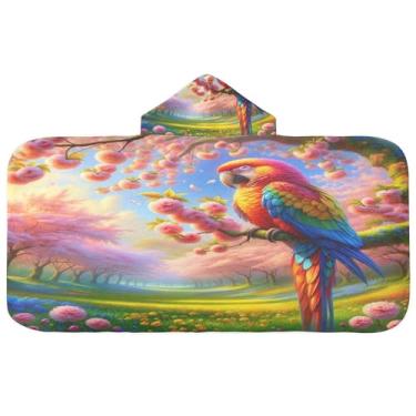 Imagem de Burbuja Toalha de banho com capuz Parrot in Spring Flower para crianças, toalha de praia de pelúcia macia absorvente para meninas e meninos 3-10 anos, 61 x 127 cm