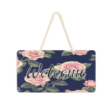 Imagem de Burbuja Placa de boas-vindas rosa em azul marinho para porta da frente, placa de boas-vindas de PVC para pendurar na parede, decoração de férias, 15 x 28 cm