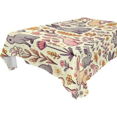 Imagem de Burbuja Toalha de mesa Bunny Wildflowers, toalha de mesa retangular, anti-rugas, grossa para decoração de jantar, cozinha, festa, 152 x 228 cm