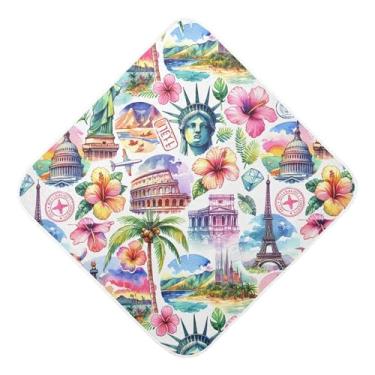 Imagem de Burbuja Famous Landmarks Toalha de banho para bebês - Toalha com capuz de musselina macia e absorvente para recém-nascidos, 76 x 76 cm