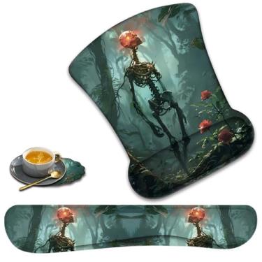 Imagem de Almofada de descanso de pulso para teclado + suporte para descanso de pulso + conjunto de porta-copos em forma de renda. Tapete de mouse antiderrapante para alívio ergonômico da dor no pulso para casa