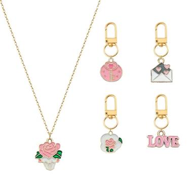 Imagem de MALOYANVE Conjunto de joias com tema de amor para o Dia dos Namorados, 5 peças, rosa e vermelho, coleção esmaltada com rosa, coração, berloques de envelope, presente romântico para o amante, Medium