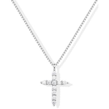 Imagem de Inerney Colar feminino com cruz delicada, banhado a ouro 14 K, pequeno, diamante lateral, pingente de cruz, simples, moderno, batismo, religiosa, fé cristã, joias presentes para Páscoa e Natal, Latão