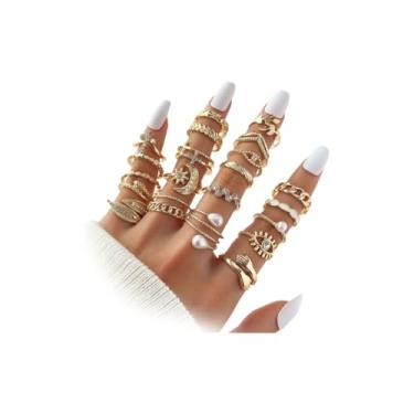 Imagem de 23 peças de anéis de dedo em camadas em camadas de ouro para mulheres, anéis de dedo de corrente de olhos turcos de cristal lua abraço, joias vintage grossas, tamanho de anel misto, 8, Liga de aço