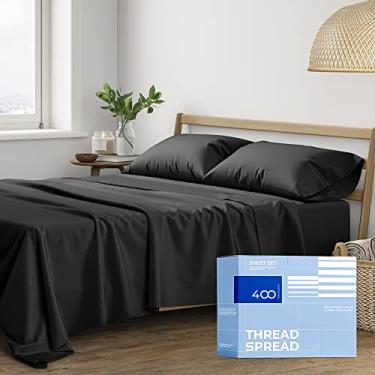Imagem de THREAD SPREAD Jogo de lençol Queen 100% algodão – 400 fios de algodão Queen apenas, conjunto de 4 peças (preto carvão), macio, respirável, resfriado, lençol de cama com bolso profundo de 40,6 cm para