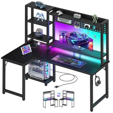 Imagem de MEUIS Mesa de jogos em forma de L de 122 cm – mesas de canto para computador com suporte e luzes LED Pegboard, tomadas elétricas, suporte para monitor de PC para quarto de crianças, preto