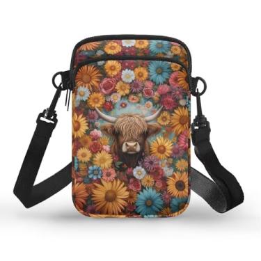 Imagem de CLOHOMIN Bolsa transversal para celular, mini bolsa tiracolo feminina e masculina com bolsos com zíper, Flores coloridas de vaca Highland