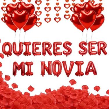 Imagem de Kit de decoração de balões vermelhos QUIERES SER MI NOVIA - 17 peças de letras, 10 corações de 45,72 cm, 50 peças de serpentina pendurada em coração, 1200 pétalas de rosa para decoração de proposta de