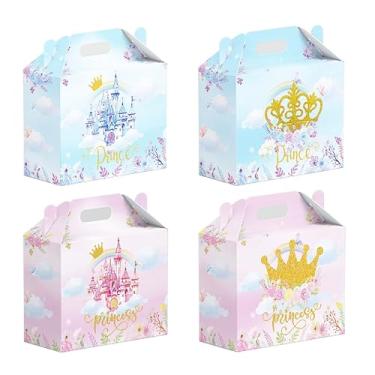 Imagem de 16 caixas de lembrancinhas de festa de aniversário de princesa príncipe - caixas de papel de presente de festa com estampa de coroa rosa e azul com alças, festa de princesa príncipe, suprimentos de
