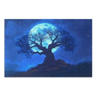 Imagem de Quebra-cabeça azul da árvore lua noite para adultos 500 peças, quebra-cabeças desafiadores para adultos, jogos para noite de jogos em família