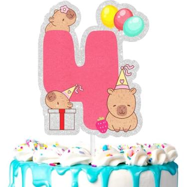 Imagem de Lindo enfeite de bolo de capivara infantil 4º animal selvagem temático feliz zoológico, festa de aniversário amante de capivara para meninos e meninas, festa animal, suprimentos de decoração de