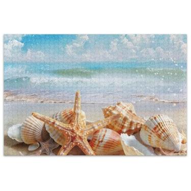 Imagem de Quebra-cabeça estrela do mar conchas praia oceano 500 peças para adultos quebra-cabeça brinquedo arte colorido presentes para jogo de elefante branco